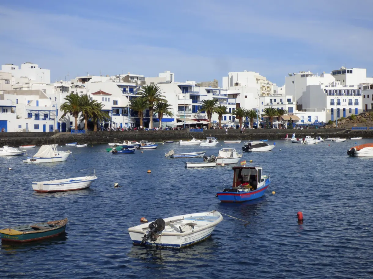 Barques de pêche amarrées devant les façades blanches