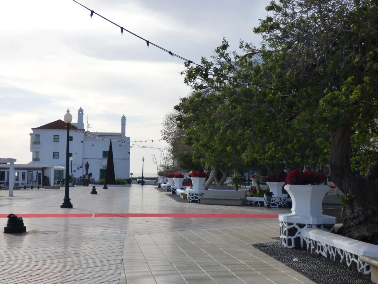 Esplanade dallée sous les guirlandes, bordée de bancs blancs