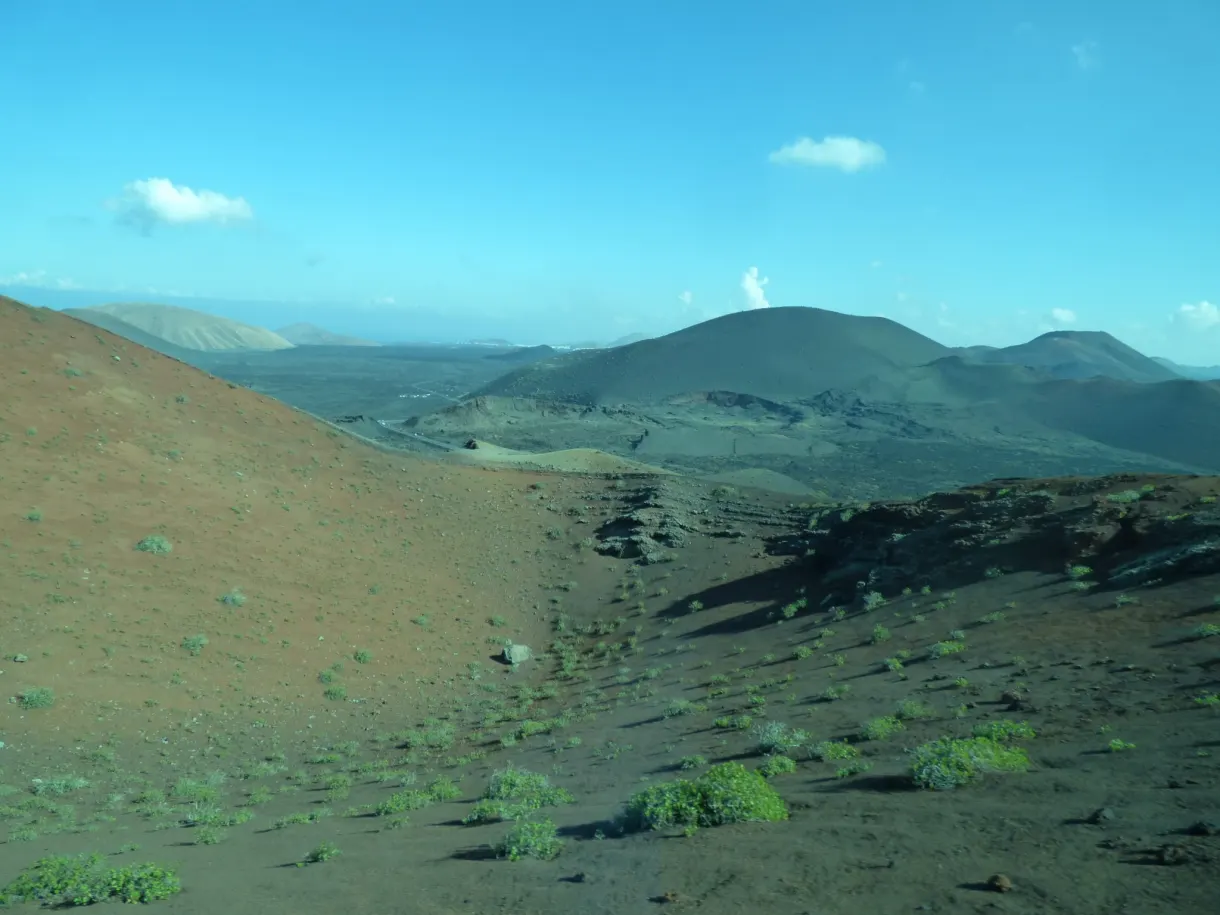 Flanc de volcan tapissé de lichens verts et de cendres