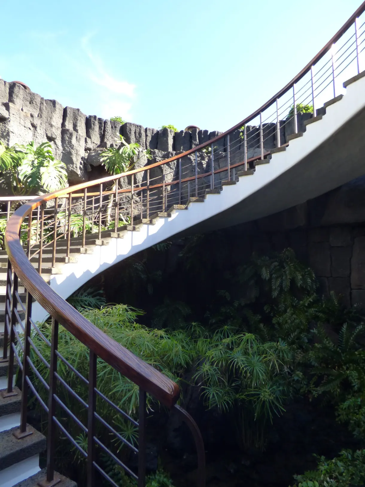 Escalier en colimaçon descendant vers un jardin ombragé
