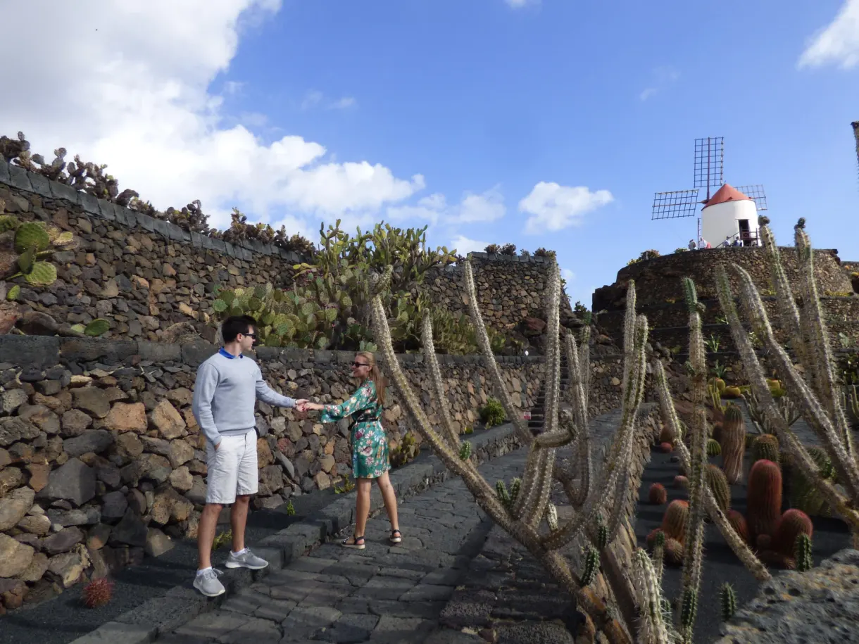 Couple se donnant la main dans l'allée bordée de cactus