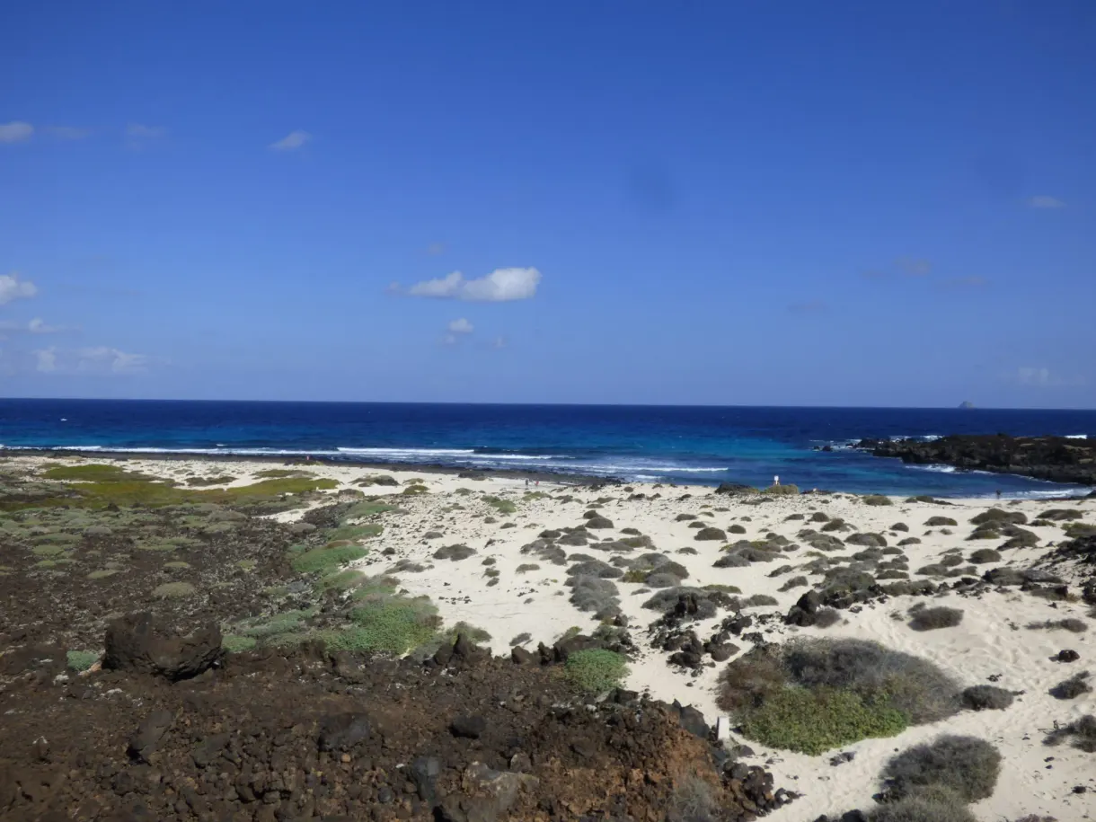 Sable blanc semé de blocs de lave noire au bord de l'océan