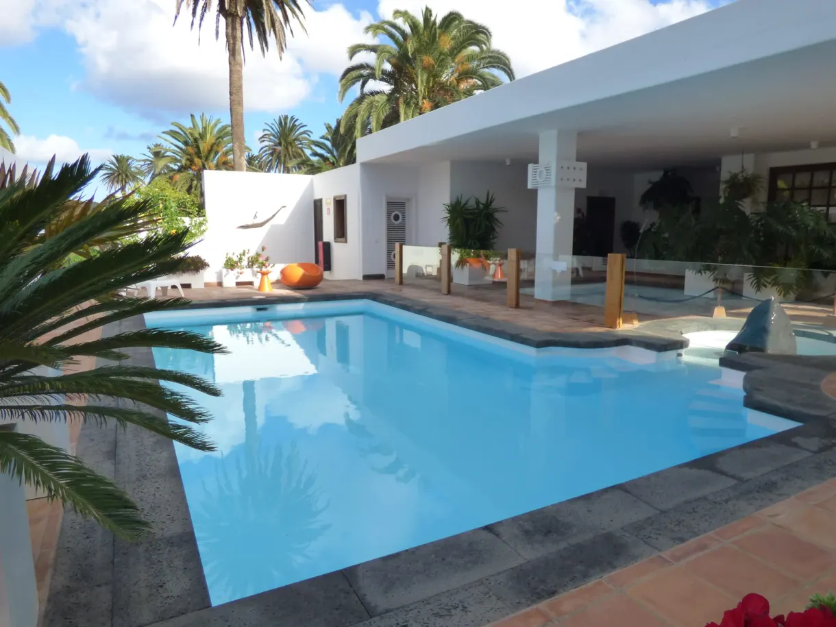 Piscine bleue bordée de palmiers dans la maison blanche de l'artiste