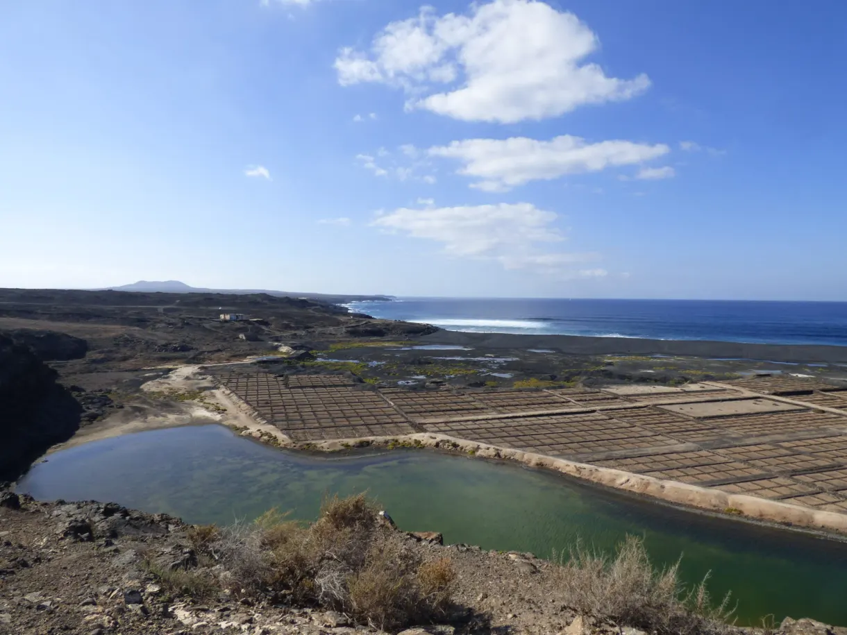 Lagune verte cernée de terre brune et de broussailles sèches