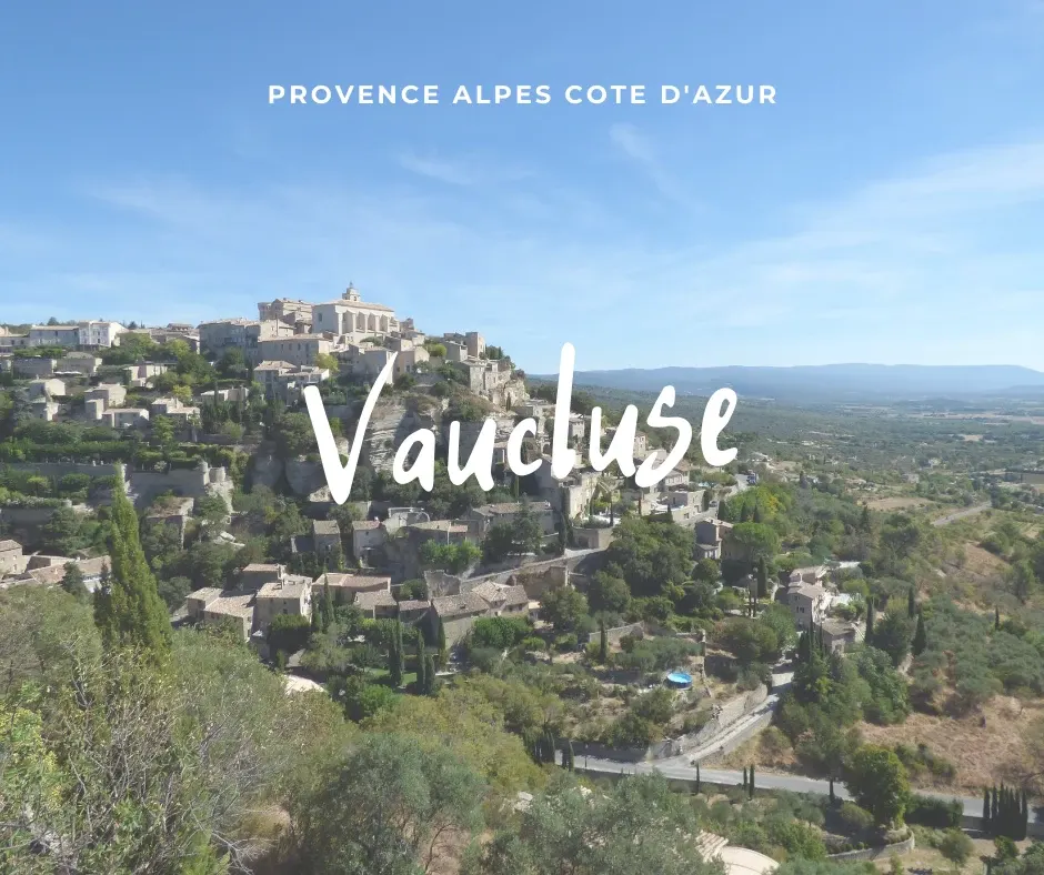 Hilltop village with stone houses overlooking the plain, title Vaucluse