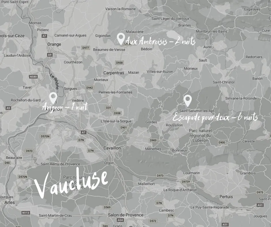 Grey map marking the three stages of the stay in the Vaucluse