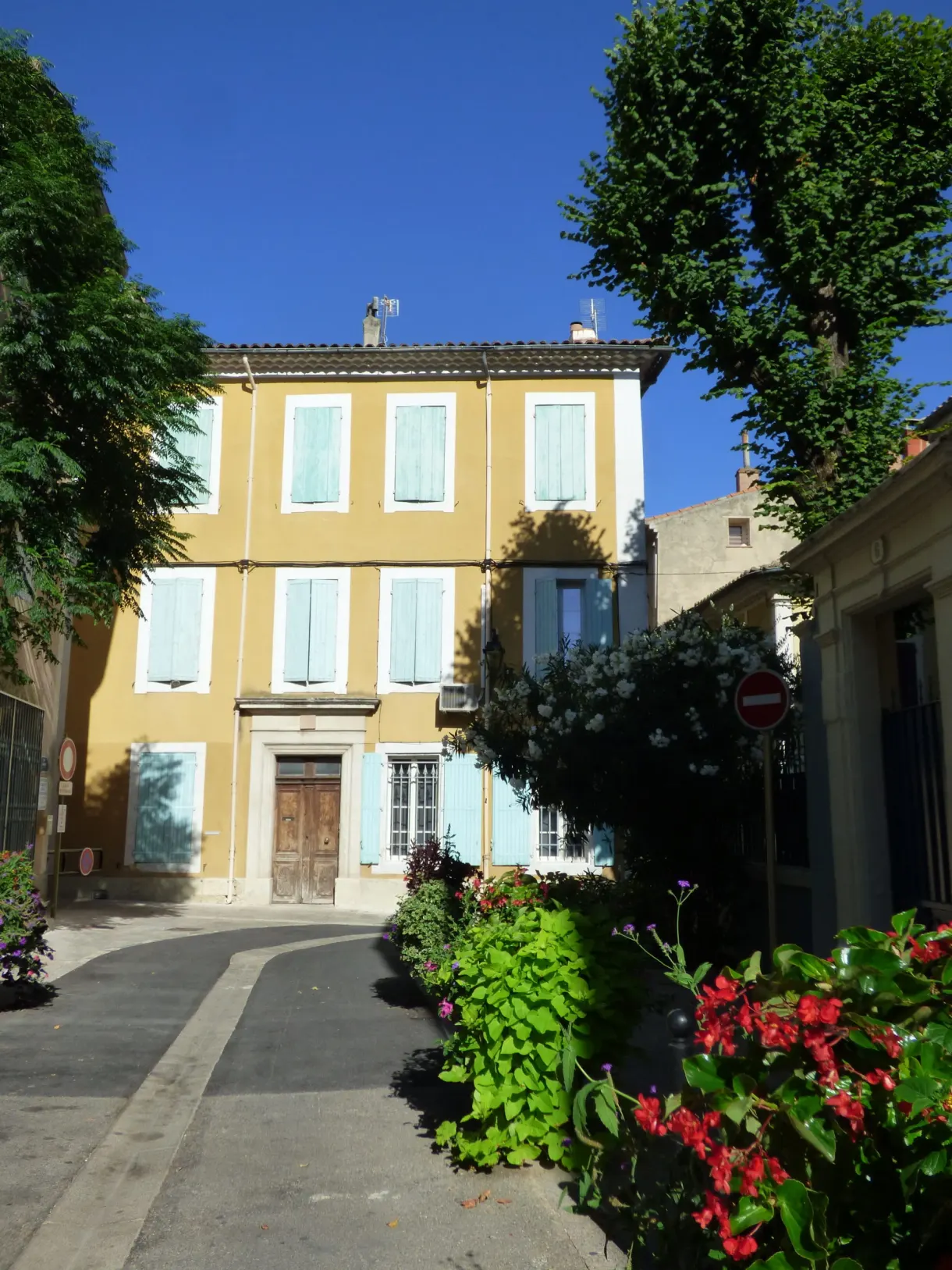 Maison jaune à volets bleus et massif de fleurs rouges