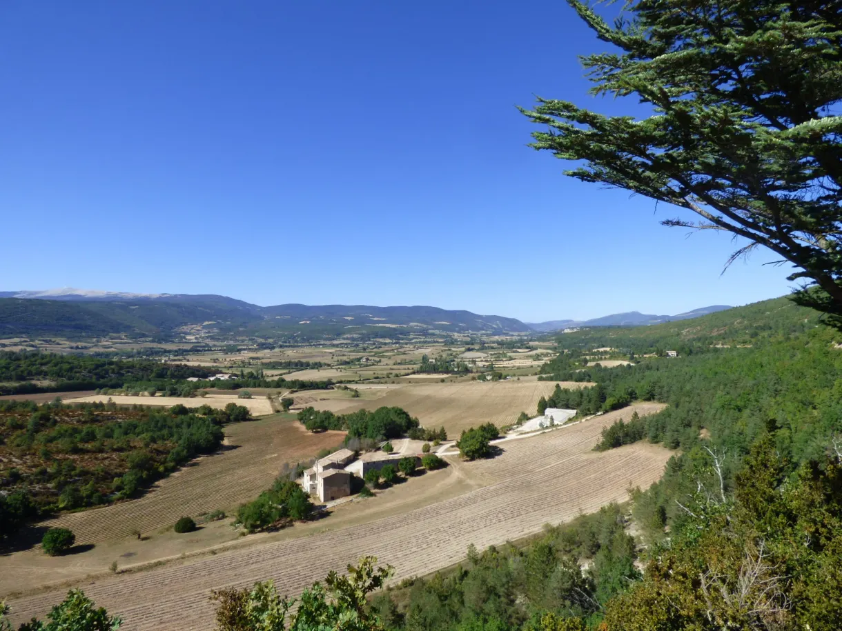 Plateau agricole et ferme isolée vus depuis la hauteur