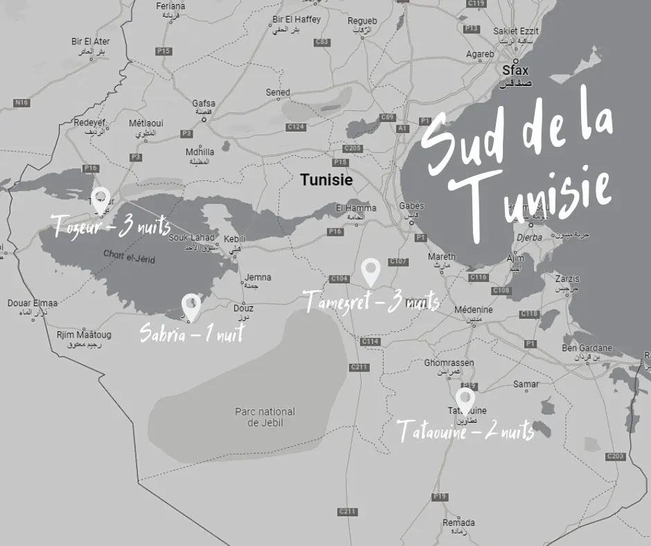 Carte de notre roadtrip de 10 jours dans le sud de la Tunisie : Tamezret, Tataouine, Sabria et Tozeur
