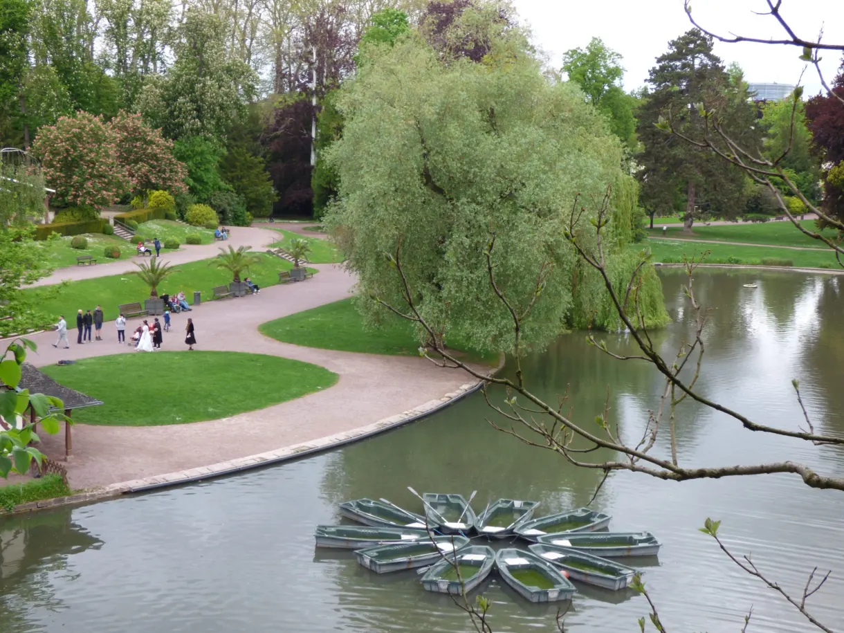 Allée sinueuse longeant le lac du parc au printemps