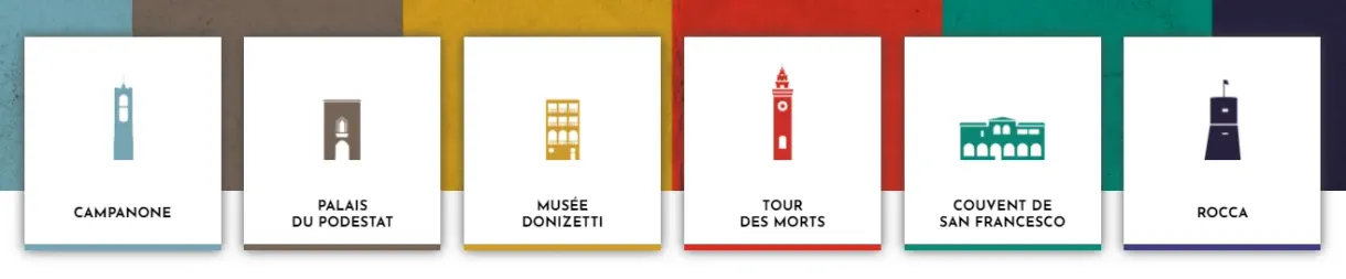 Six pictogrammes colorés des monuments à visiter