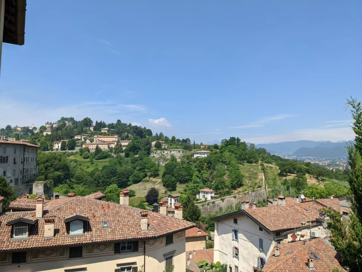 Collines boisées et maisons dispersées vues des hauteurs