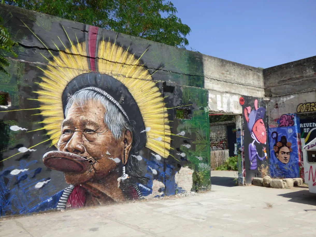 Fresque murale d'un chef amérindien à coiffe de plumes jaune
