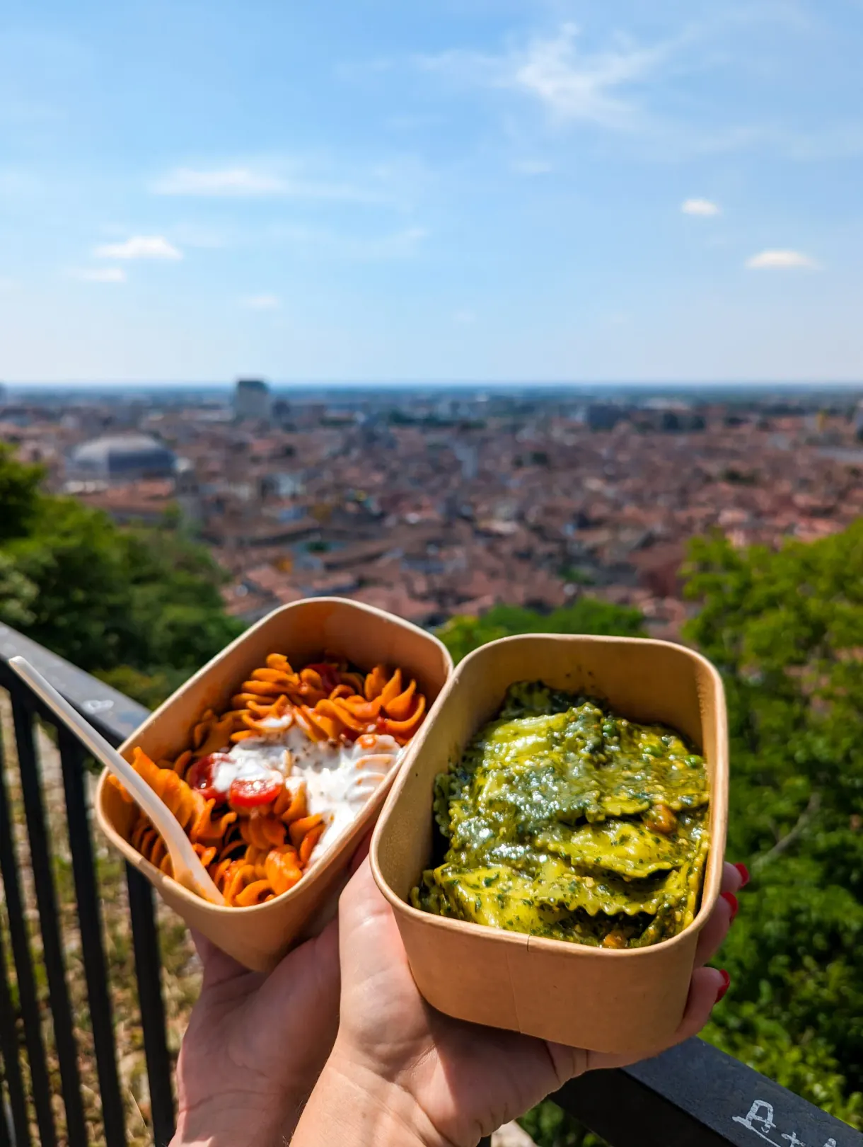 Deux barquettes de pâtes tenues face au panorama de la ville