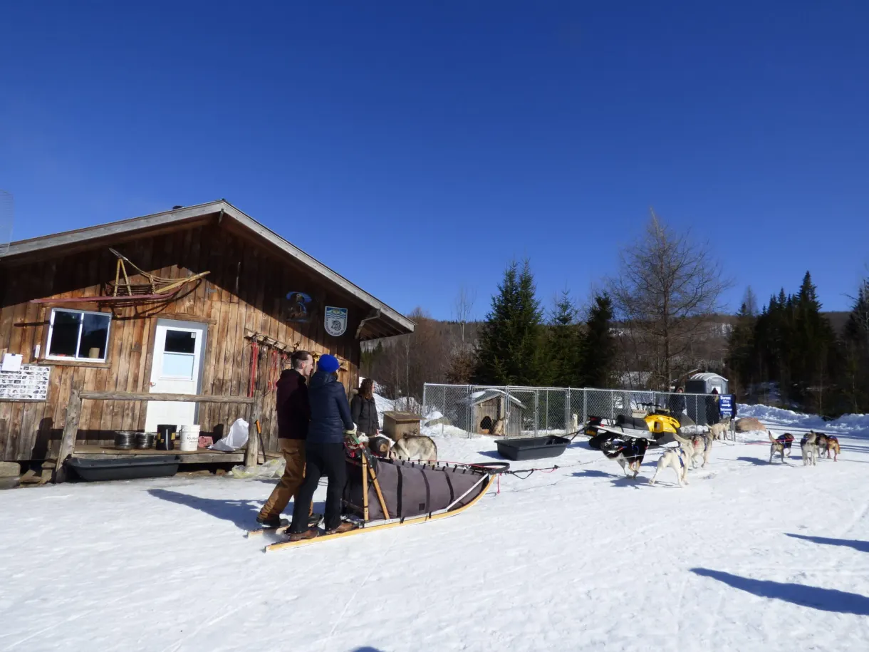 Mushers et traîneaux réunis devant la cabane de bois