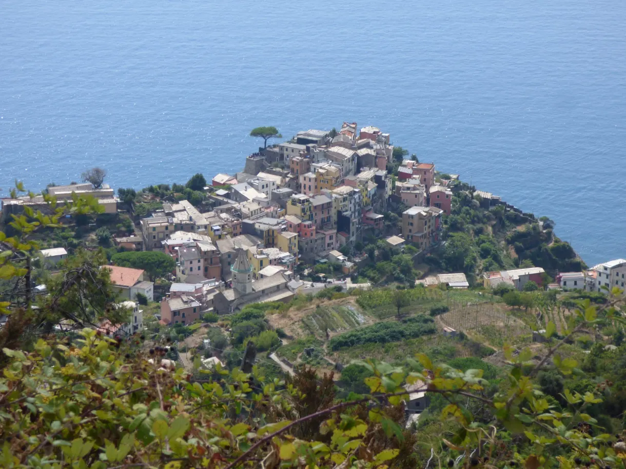 Maisons de Corniglia agglutinées sur leur promontoire vert