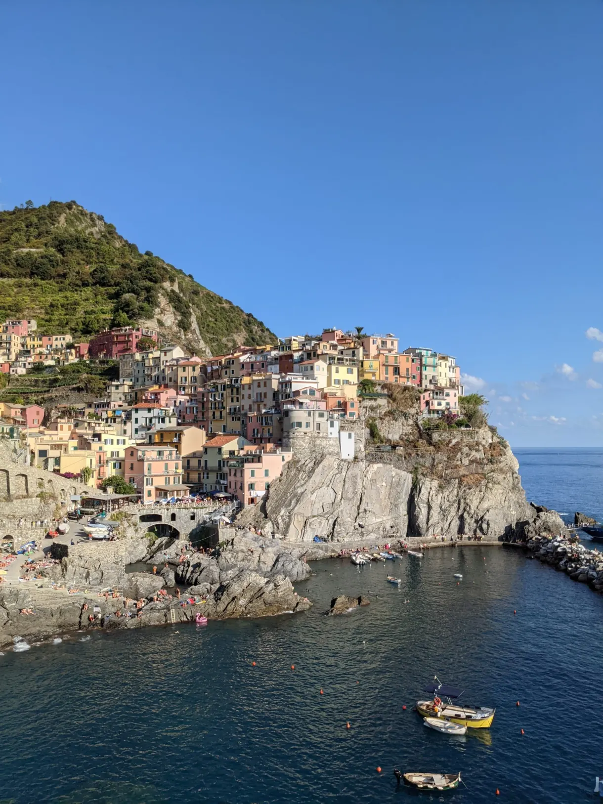 Maisons colorées de Manarola dressées au-dessus de sa crique