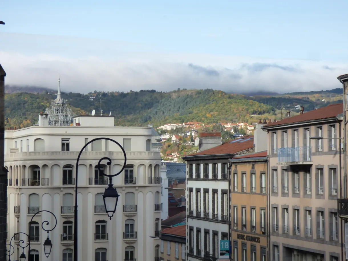 Toits du centre-ville et collines boisées à l'horizon