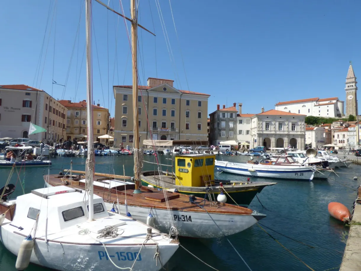 Voiliers blancs amarrés devant les façades ocre du port