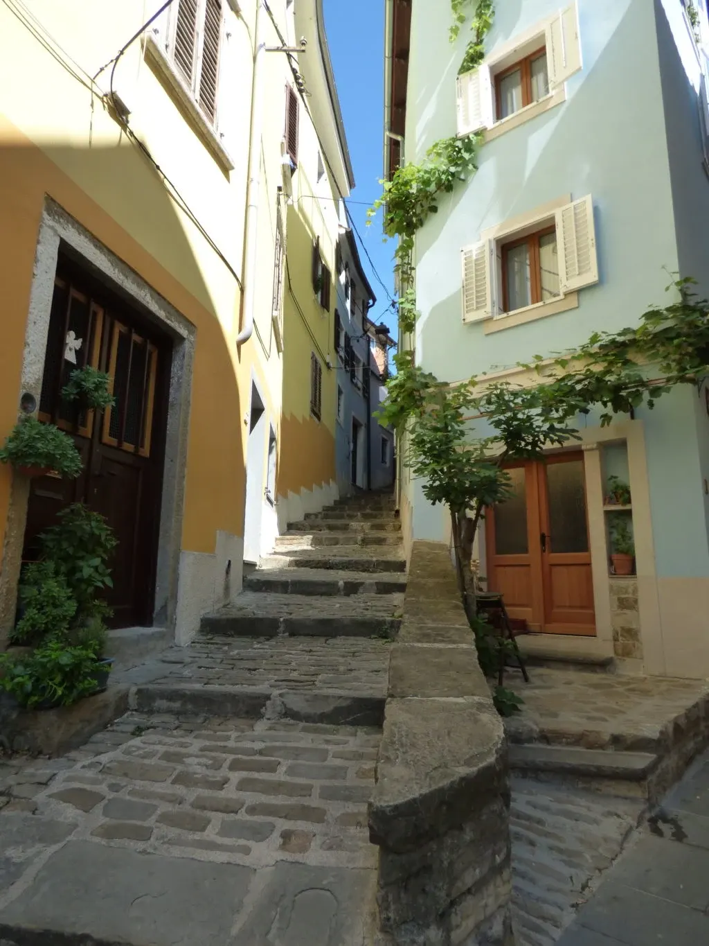Escalier de pierre grimpant entre deux maisons vert et jaune