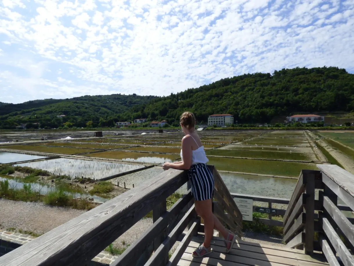 Accoudée à la passerelle de bois au-dessus des marais salants