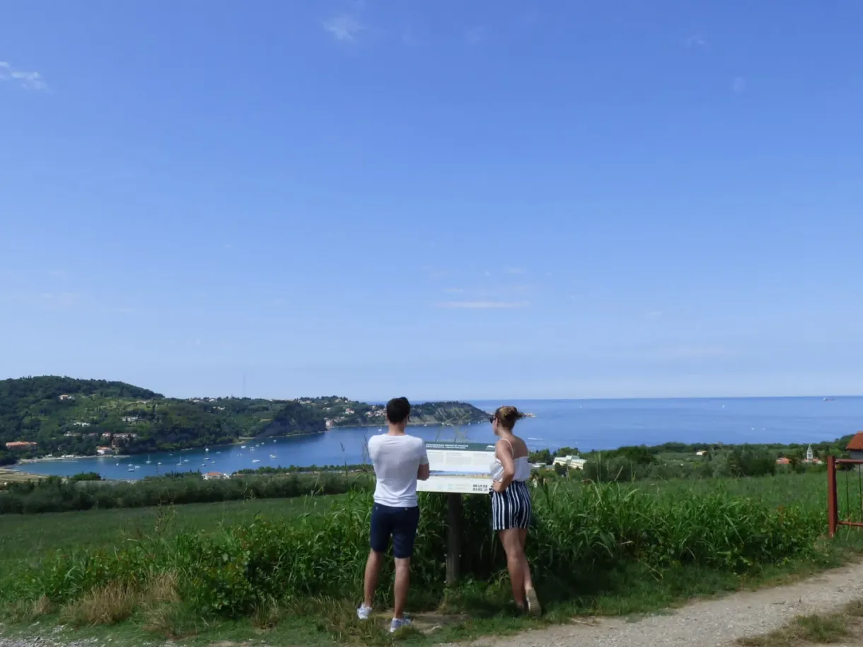 Couple lisant un panneau du sentier face à la baie