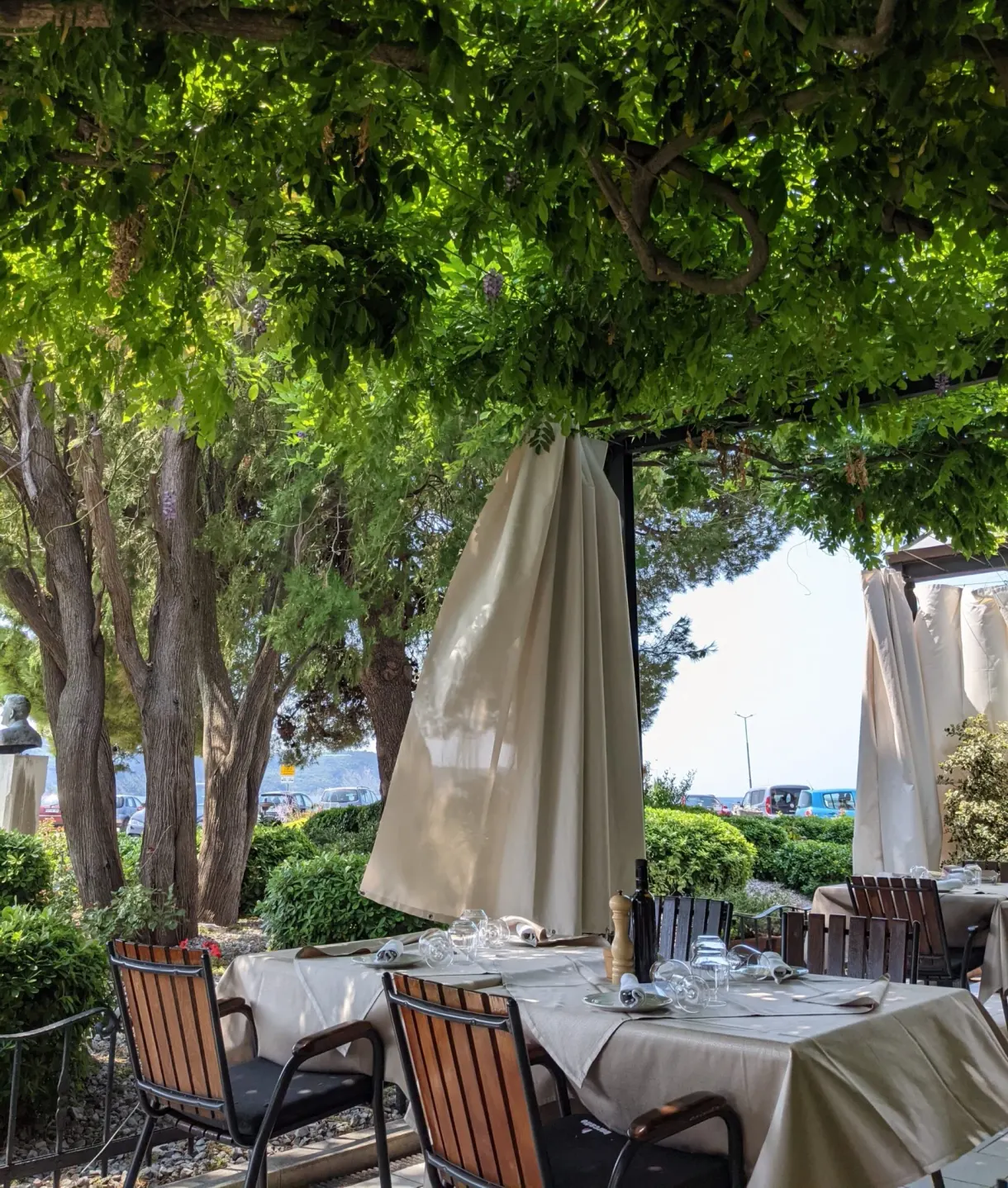 Tables dressées sous les arbres d'une terrasse de restaurant