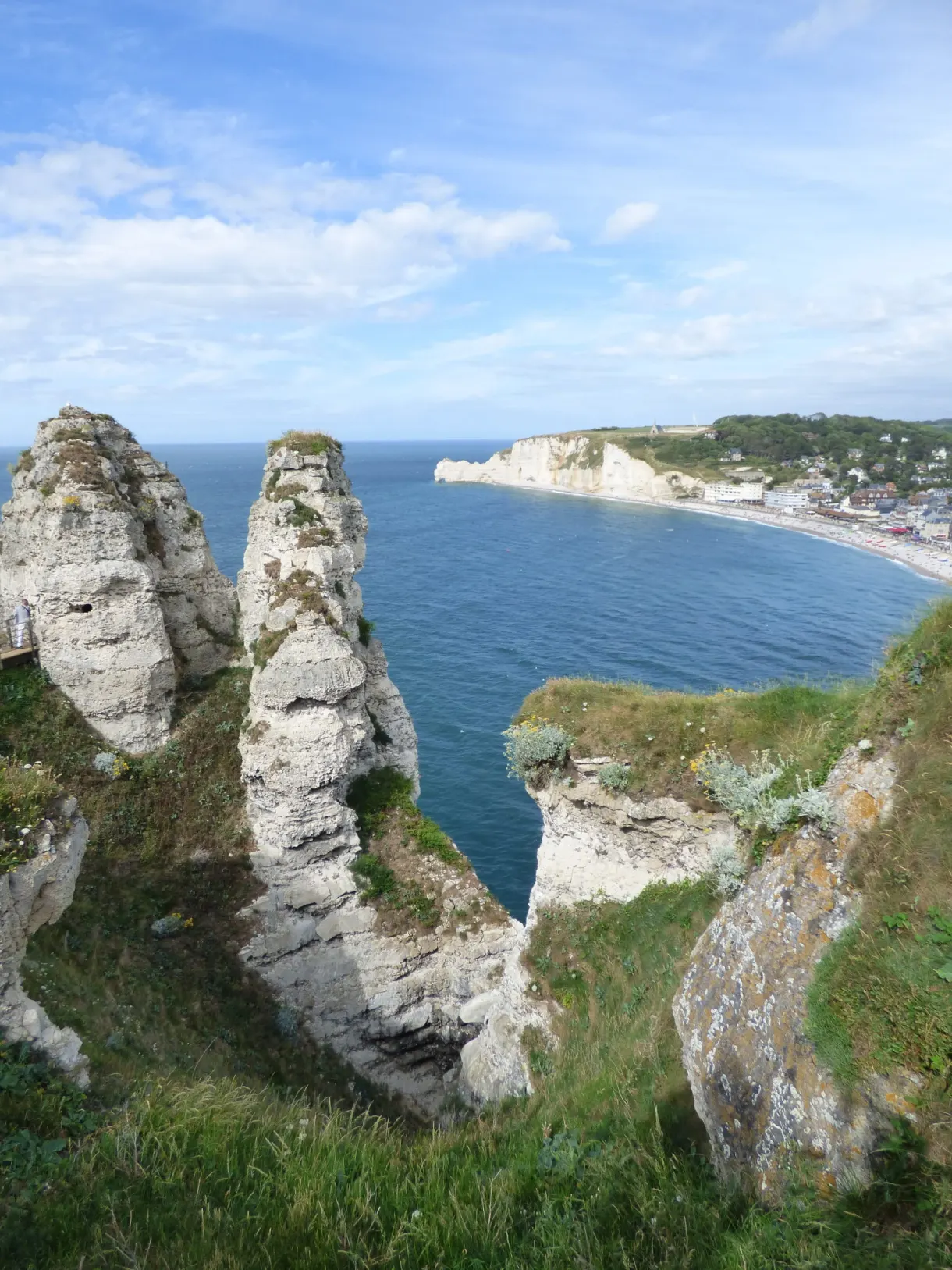 Pinacles de craie érodés surgissant de la pelouse du plateau
