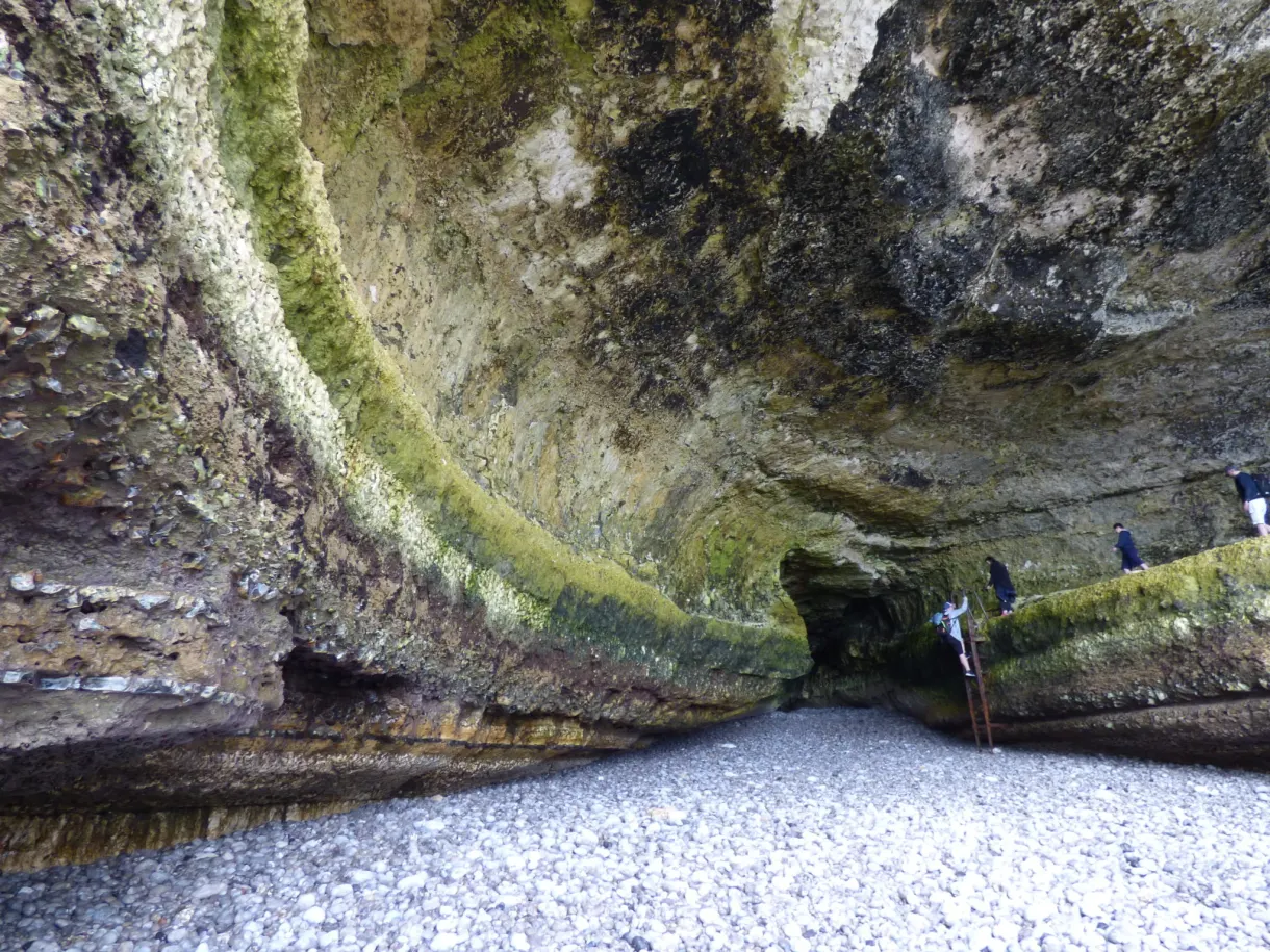 Intérieur d'un tunnel rocheux moussu ouvrant sur les galets blancs