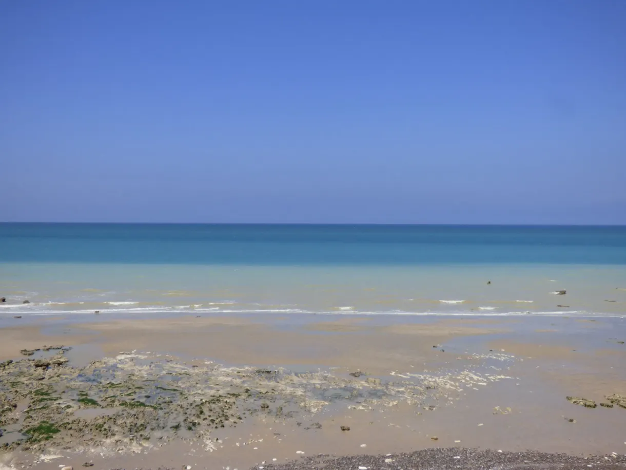 Estran de sable clair et mer étale sous un ciel bleu
