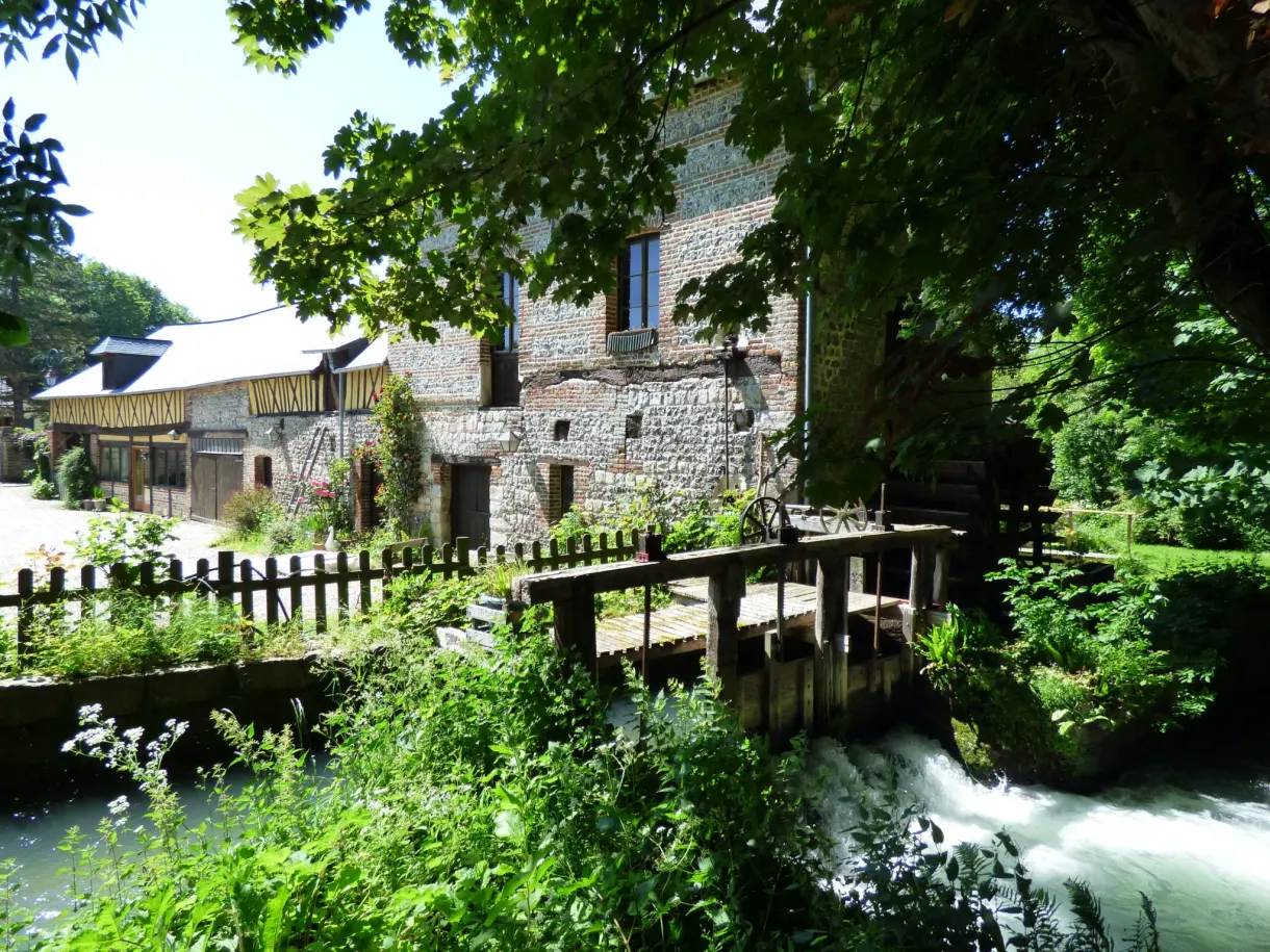 Ancien moulin à eau et sa retenue entourés de verdure