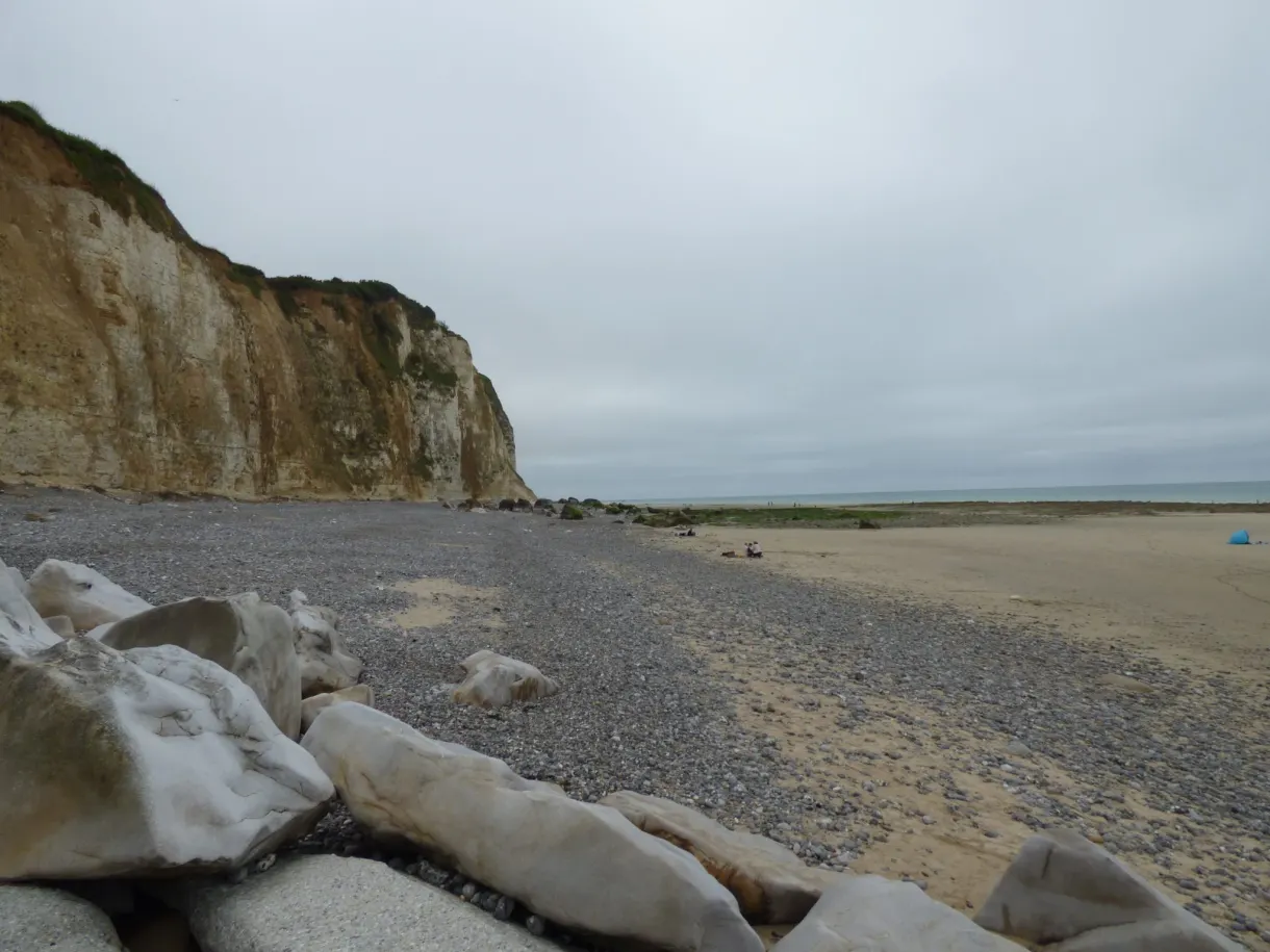 Gros blocs de craie blanche échoués sur l'estran de galets
