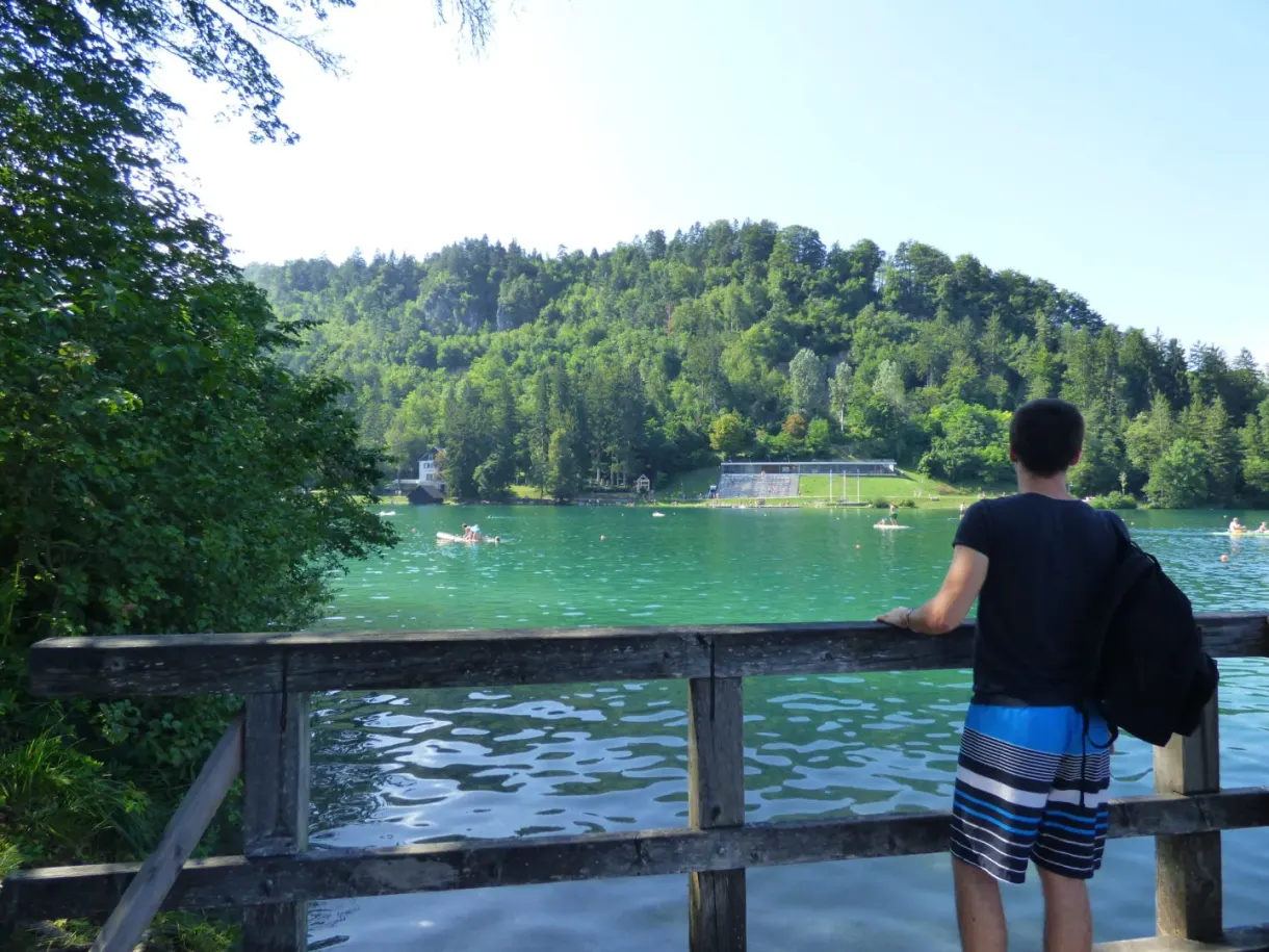 Accoudé à une barrière de bois face au lac vert
