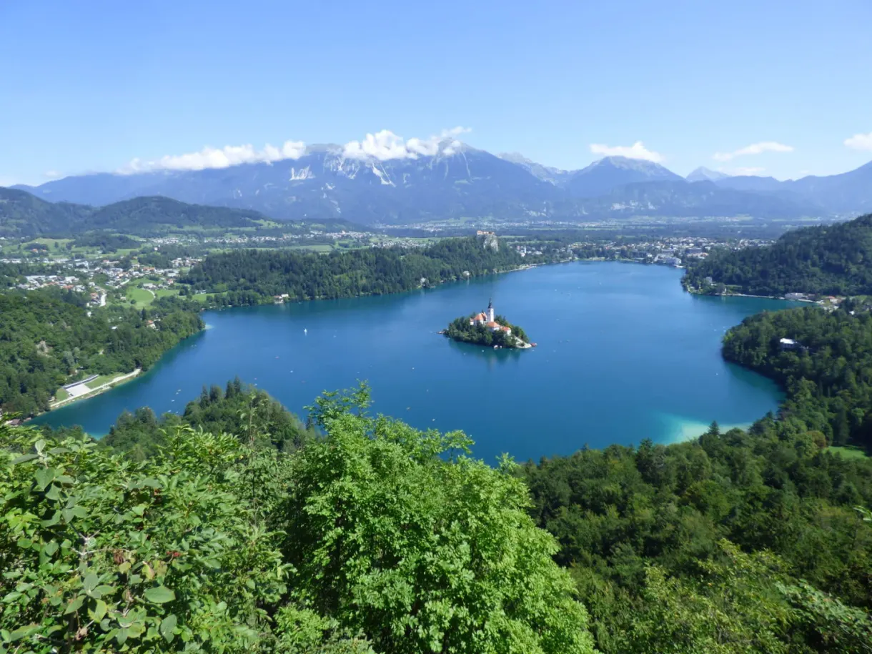 Vue dominante du lac cerné de forêts et de sommets