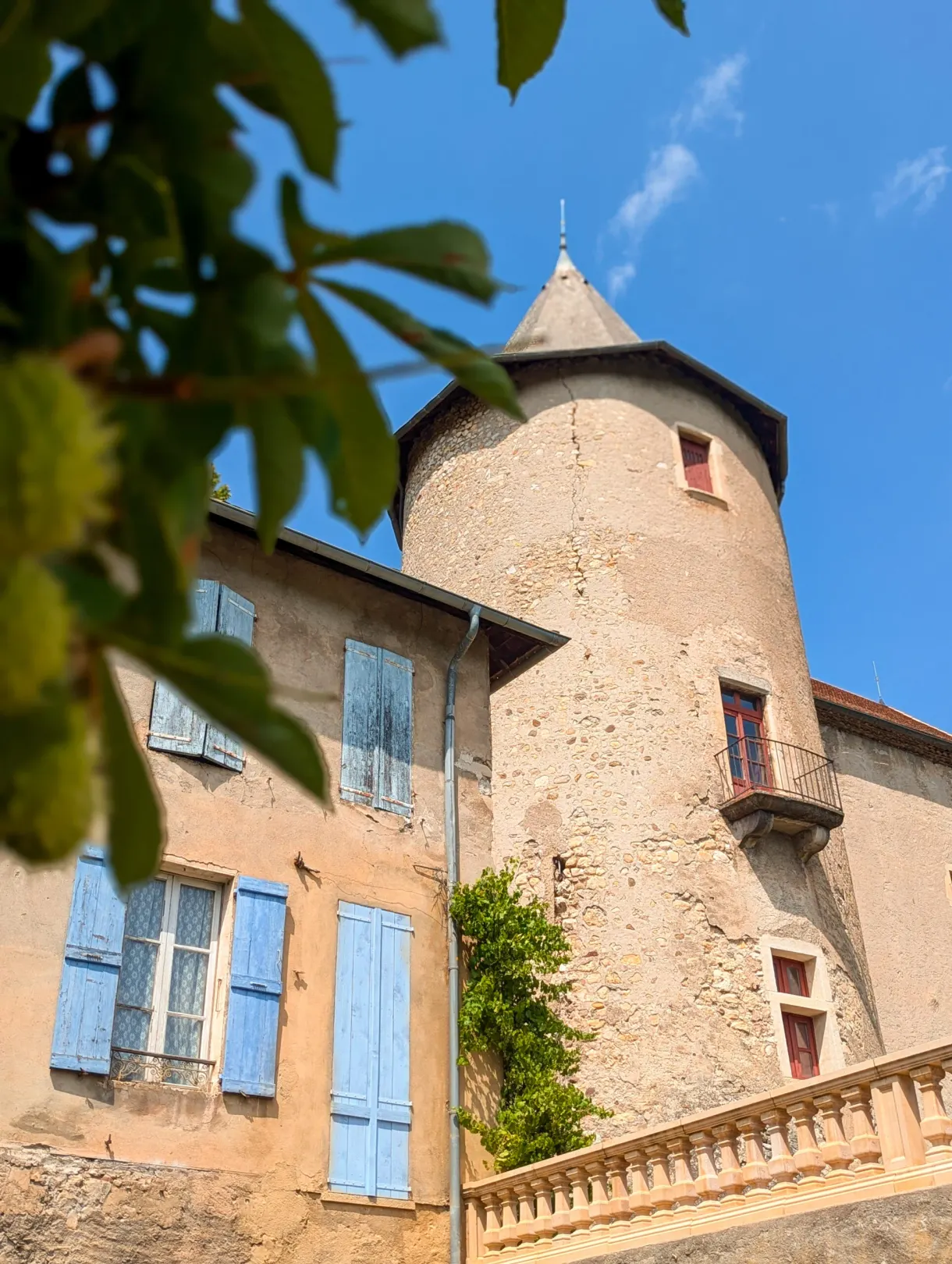 Tour ronde et volets bleus du château aperçus entre les feuillages