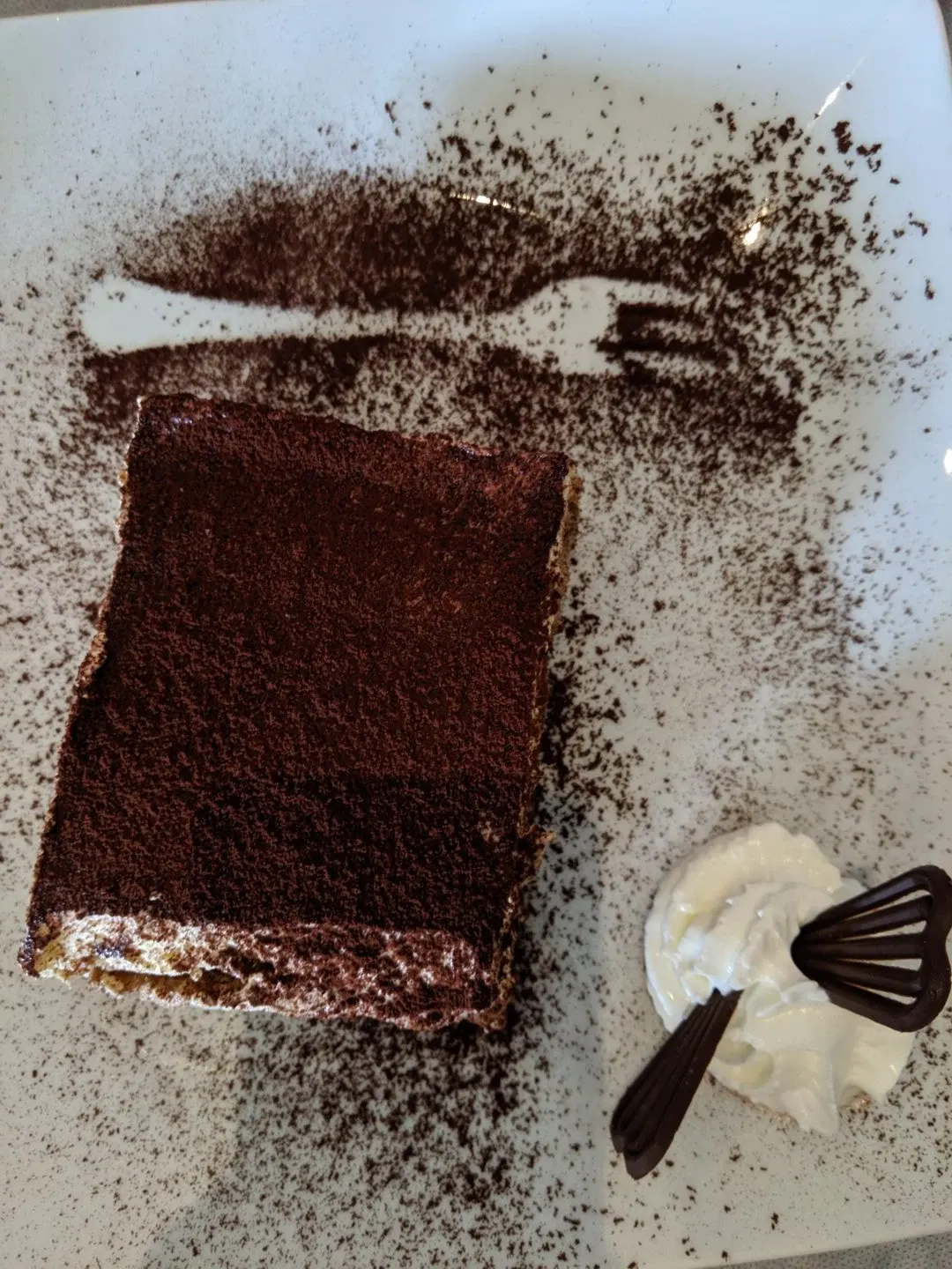 Tiramisu poudré de cacao servi dans une grande assiette