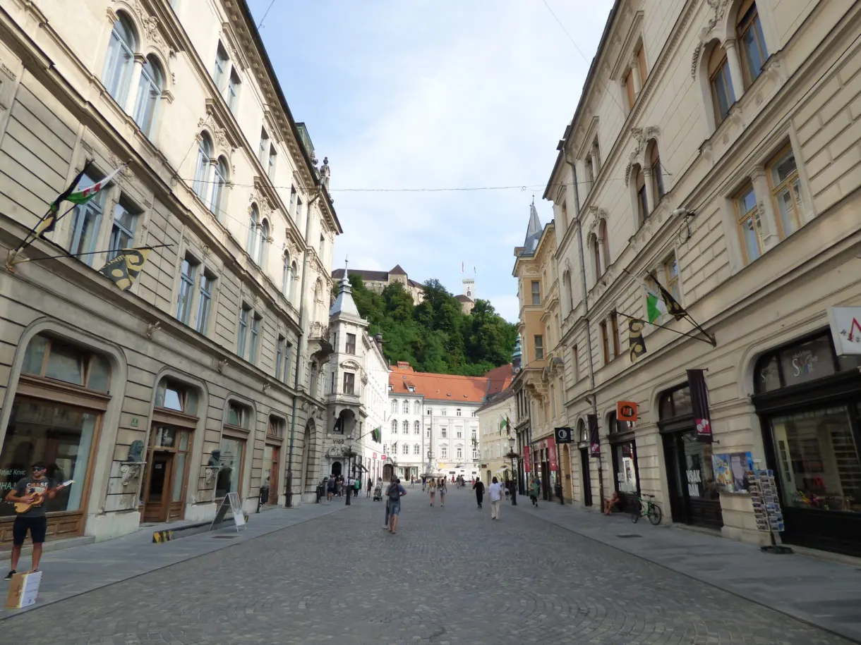Rue commerçante piétonne montant vers la colline boisée