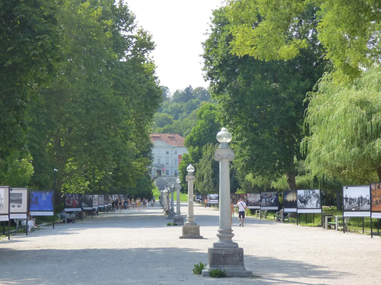Large allée du parc Tivoli bordée de panneaux d'exposition