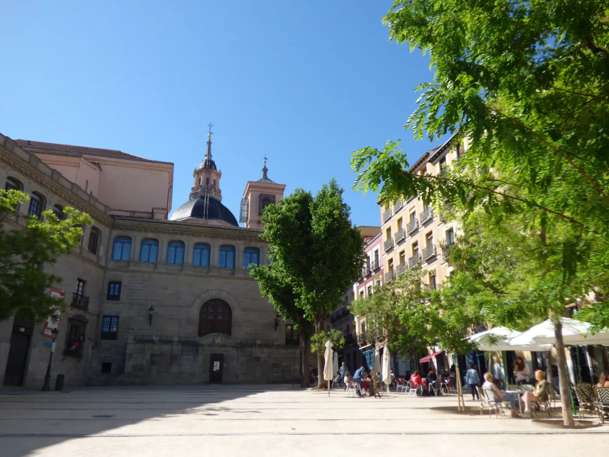 Place ombragée devant une façade ancienne surmontée d'une coupole