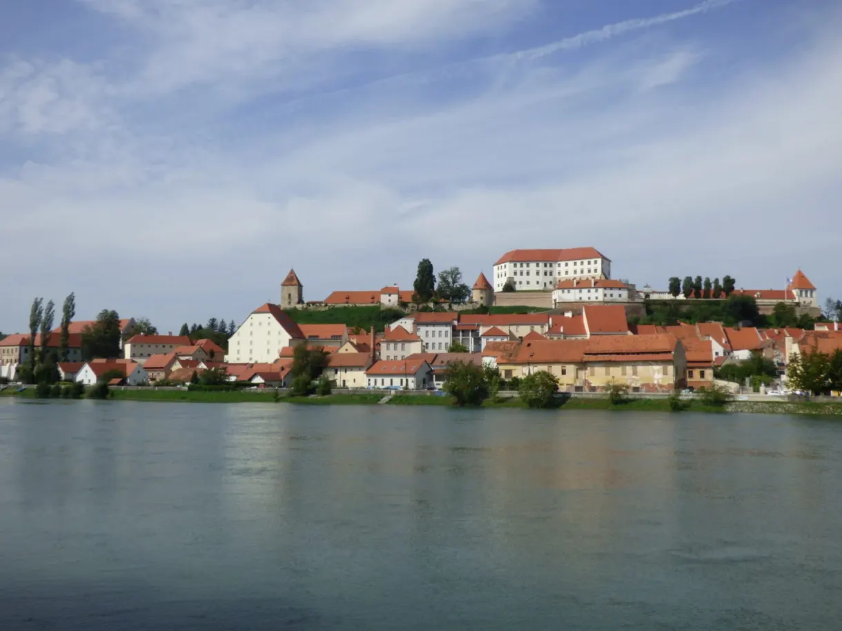 Ptuj et son château alignés au bord de la rivière