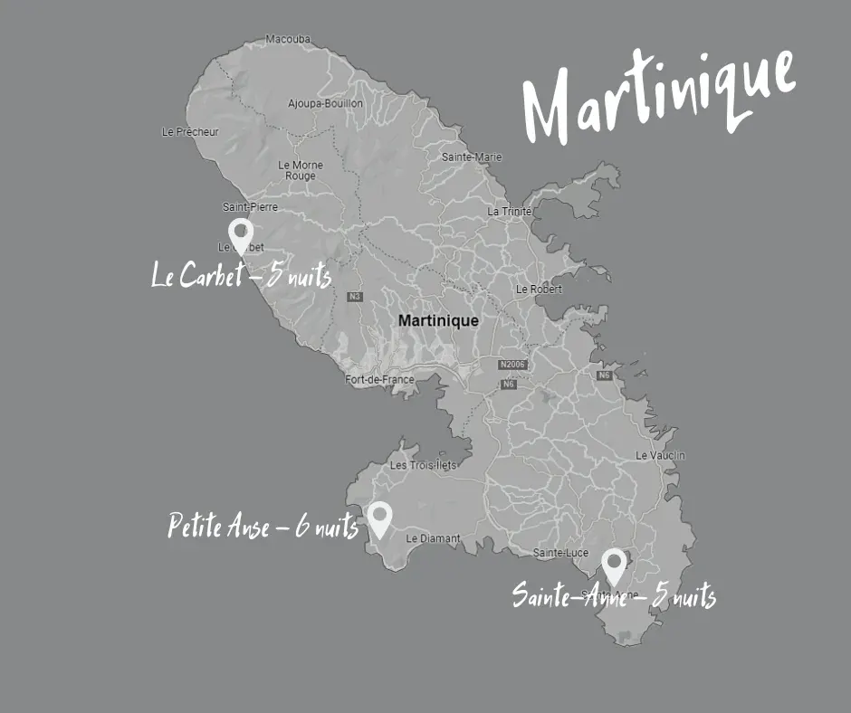 Carte de la Martinique situant Le Carbet, Petite Anse et Sainte-Anne