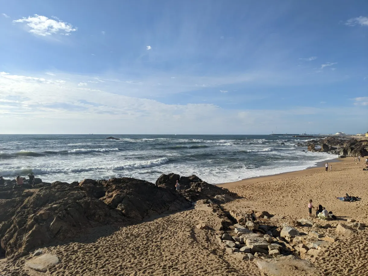 Rochers sombres et vagues sur une plage de sable