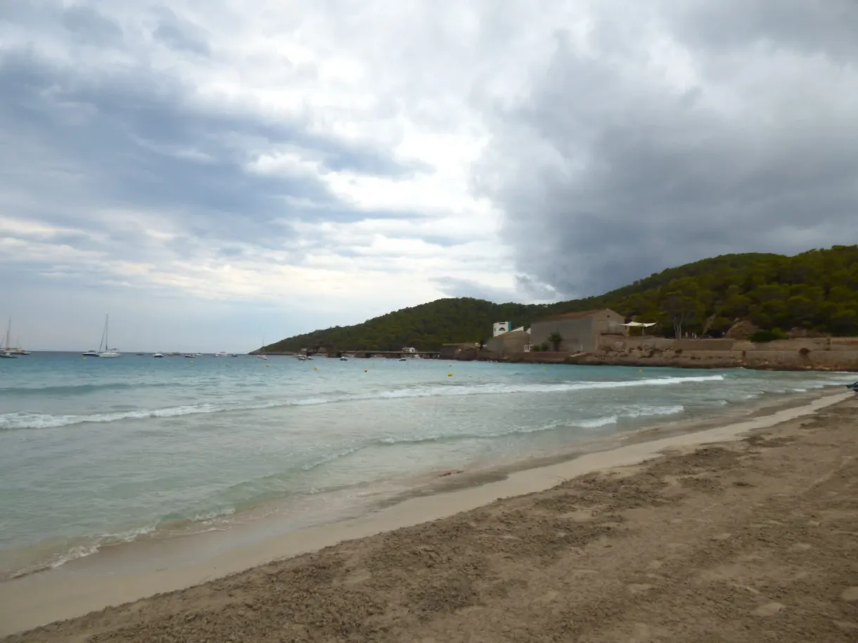 Longue plage adossée à une colline boisée sous un ciel orageux