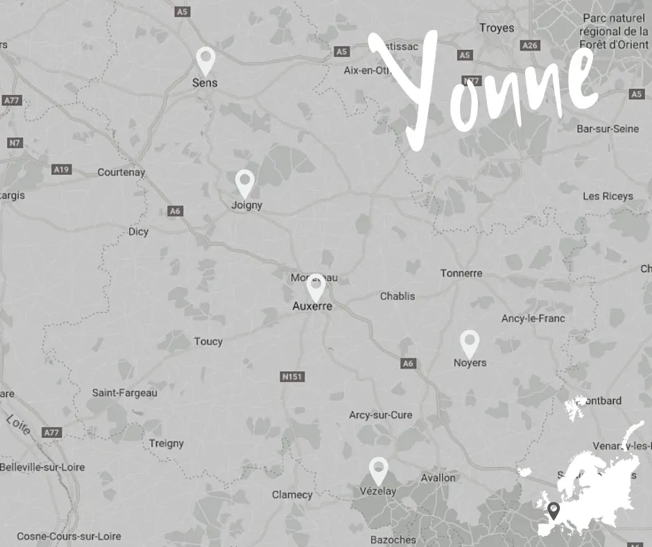 Carte de l'Yonne pointant les étapes du roadtrip