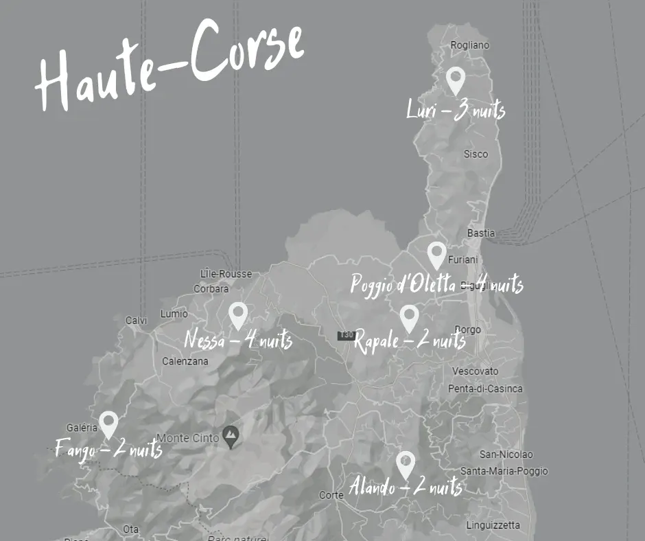 Carte de la Haute-Corse et des six étapes du roadtrip