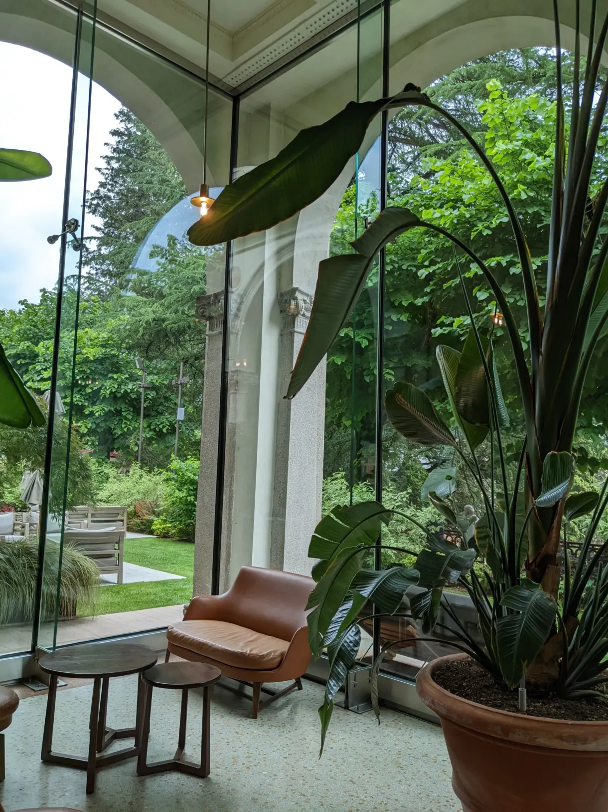 Salon vitré meublé de fauteuils au milieu des plantes vertes