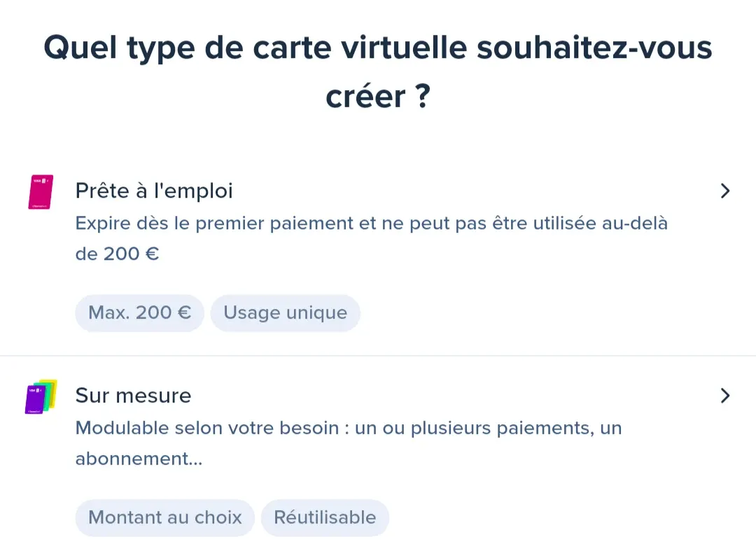Application BoursoBank : choix entre une carte virtuelle à usage unique plafonnée à 200 € et une carte virtuelle sur mesure réutilisable