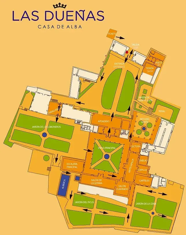 Plan orangé des jardins et salles du Palacio de las Dueñas