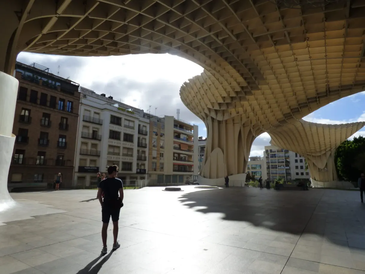 Esplanade ombrée par la structure de bois, passant à contre-jour