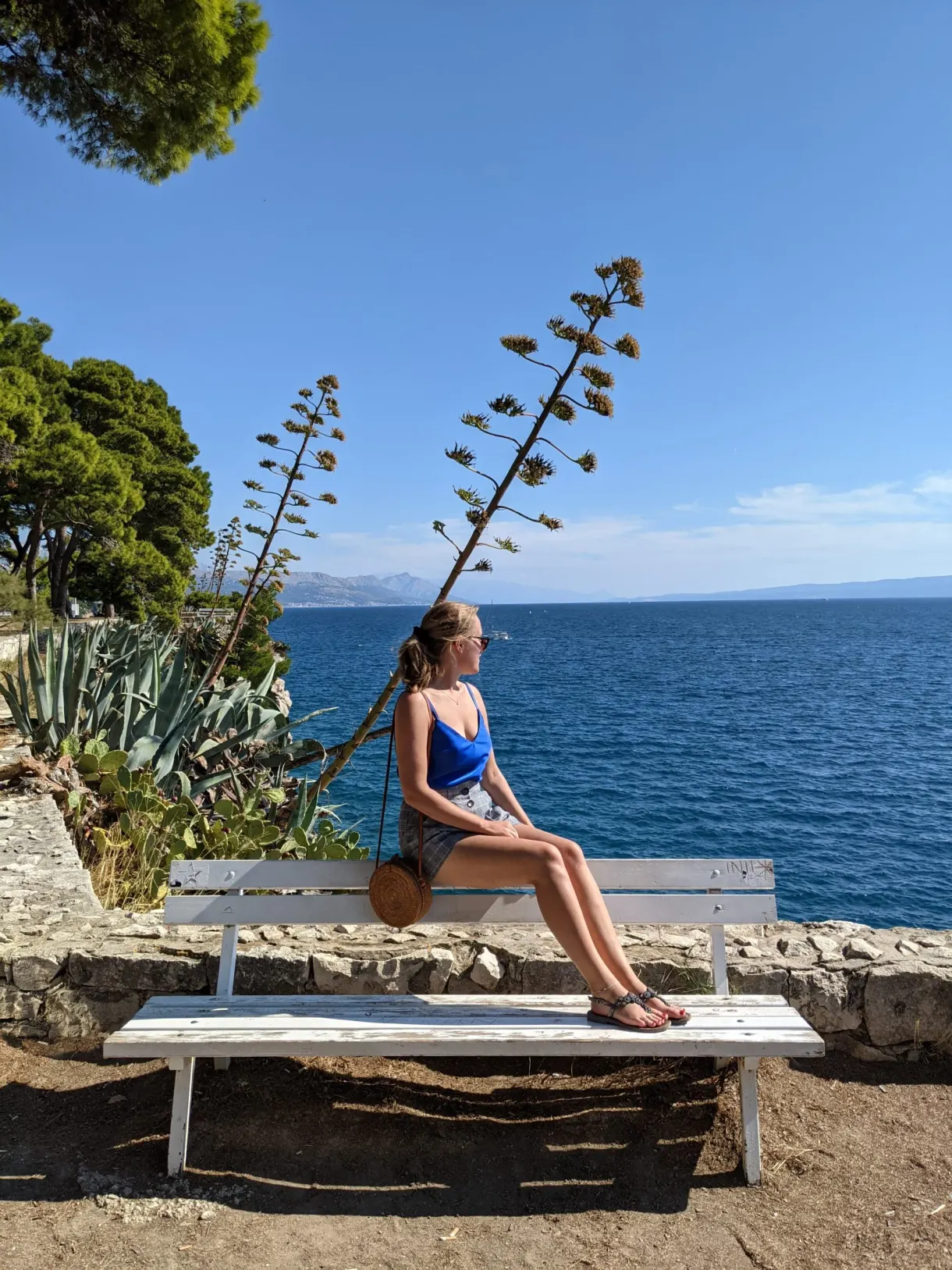 Femme assise sur un banc blanc près d'un agave en fleur